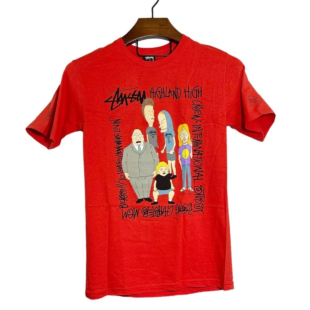 STUSSY X BEAVIS & BUTT-HEAD‎ Red Graphic Highland High T-Shirt NEW W/O TAG Small